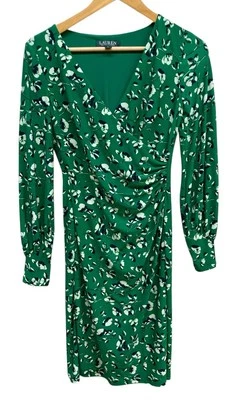 Lauren Ralph Lauren Dress Size 0 Green Floral V Neck Wrapped Ruched  Lined - Image 1 of 4