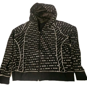 VTG BCBGMAXAZRIA Hoodie XL Y2K Black Logo Zip Jacket Satin Lined Streetwear - Picture 1 of 13