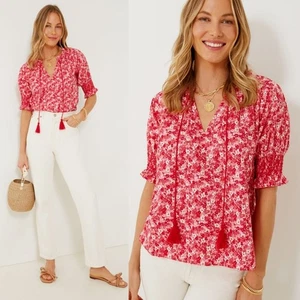 Tuckernuck Hyacinth House Red Pink Floral V-Neck Colleen Blouse Oversized Small - Picture 1 of 14