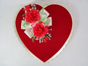 Vintage Valentine Heart Chocolate Candy Box Red Velvet Floral Satin 14.75 w/ Box - Picture 1 of 23