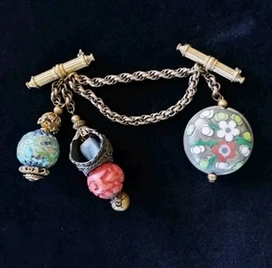 Rare Vintage Chinese Export Chatelaine Brooch W 3 Fobs Cloisonne Cinnabar - Bild 1 von 10