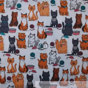 BonEful Fabric FQ Flannel Quilt VTG Kitty Cat Pet Food Bowl Yarn Ball Dot Mouse - Picture 1 of 12