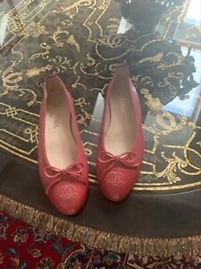 CHANEL Women Grained Leather Ballet Red CC Logo Flat Size 39 US 9 UK/AU 6