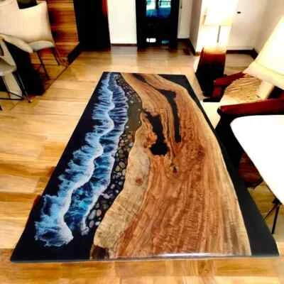 Ocean Epoxy Resin Dining Table Top, Wooden Center Table Top, Handmade Decor - Image 1 of 4