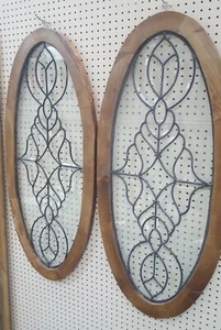 Pair of Oval Beveled Leaded Textured Glass Windows with Custom Hardwood Frames - Picture 1 of 4