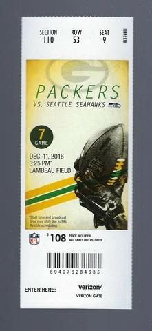 2016 NFL SEATTLE SEAHAWKS @ GREEN BAY PACKERS  FULL UNUSED FOOTBALL TICKET Cover