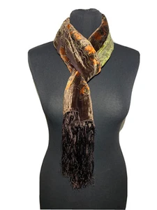 SILK MIX Velvet Devore Scarf Stole New With Fringe CHOCOLATE BROWN/ GREEN - Picture 1 of 11