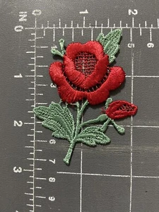 Vintage Red Rose Bud Flower Embroidered Patch Applique Badge Embellishment - Picture 1 of 6