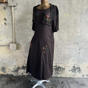 Antique 1920s Black Silk Dress Colorful Floral Beading Midi Mistletoe Vintage - Picture 1 of 12