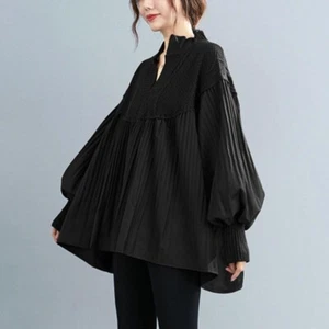 Lady Casual Knit Splicing Top Blouse Shirt Long Puff Sleeve Loose Oversized Coat - Picture 1 of 12