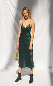 SILK LAUNDRY 90s Slip Midi Dress Size Medium Emerald Green Bias Cut - Picture 1 of 9