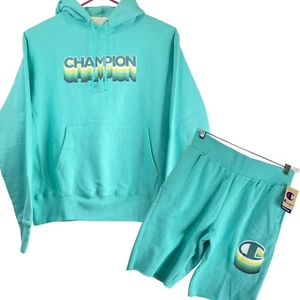 Champion Hoodie Lg & Med Shorts Set Ink Shadow Reverse Weave Hoodie Teal Nw - Bild 1 von 12
