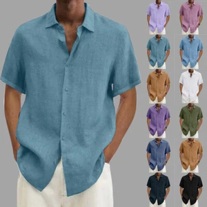 Mens Shirt Summer T-Shirt Beach Holiday Casual Short Sleeve Plain Button-up Tops - Picture 1 of 24