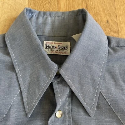 Vintage 70s Dress Shirt Western Themed Blue Large Mother Of Pearl Snap Buttons - Image 1 of 4