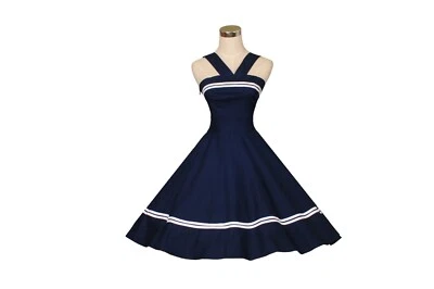 Vintage 50s 60s Retro Rockabilly  Swing Dress Ball Pinup Cotton Dresses Navyblue - Image 1 of 3