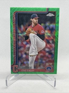 2025 Topps Chrome Shane Bieber Green Wave Refractor #24/99 Guardians #13 - Picture 1 of 4