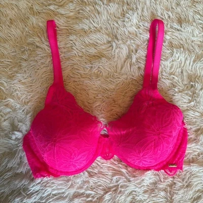 Victoria's Secret "Pink" Neon Pink Bra Size 36D Floral Lace Padded Bra - Image 1 of 4