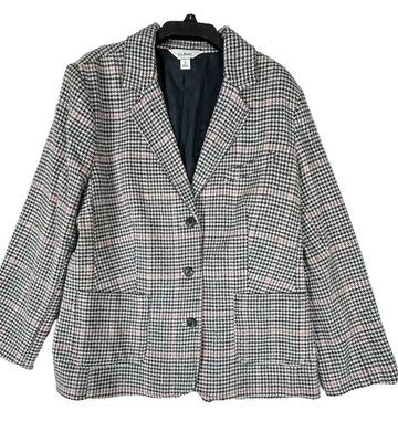 LL Bean Womens Size XL Houndstooth Blazer Wool Silk Blend 3-Button Black Pink - Image 1 of 4