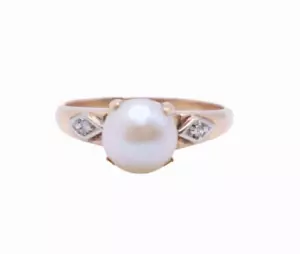 14K Yellow Gold 7mm Cultured Pearl Solitaire Diamond Accent Cocktail 5.5 Ring - Picture 1 of 5