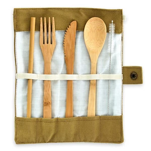 Campingbesteck Set in brauner Tasche 5-teilig essbesteck Bambus für 1 Person - Afbeelding 1 van 5