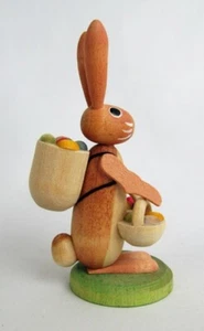 Vintage Seiffen Germany Wood Rabbit Carrying Easter Egg Baskets Backpack Figure - Picture 1 of 7
