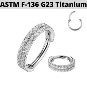 16G 3/8" IMPLANT GRADE TITANIUM DOUBLE LINE CZ HINGED CLICKER TRAGUS HELIX RING