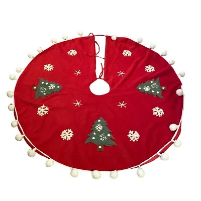 Falda Árbol de Navidad 48 Pulgadas Terciopelo Rojo Bordado Árboles Pom Pom Bordado Foto 1 de 4