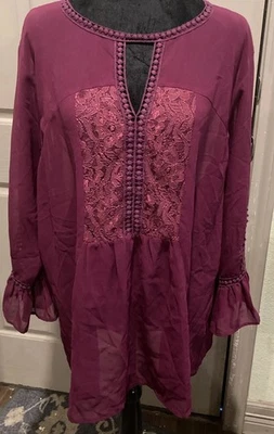 Crystal & Violet~1X Burgundy Chiffon&Lace  Boho Style Top 3/4 Sleeved/Lace - Image 1 of 4