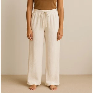 Wide Leg Lightweight Crinkled White Drawstring Pants Tropical Mooloola Size 10 - Picture 1 of 13