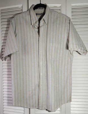 Vintage Van Heusen Beige Neutral Stripe Short Sleeve Button Up 16 1/2 Large - Image 1 of 4