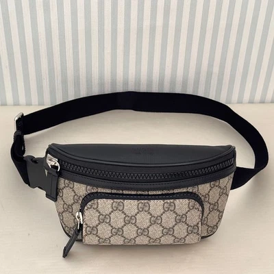 GUCCI GG Supreme 450946 Belt Bag Beige Black Canvas Leather Waist Pouch Unisex - Image 1 of 4