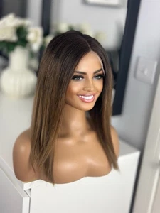 Chocolate Brown Mocha Ombre Lace Long Bob 16” 100% Virgin Human Remy Hair Wig - Picture 1 of 24