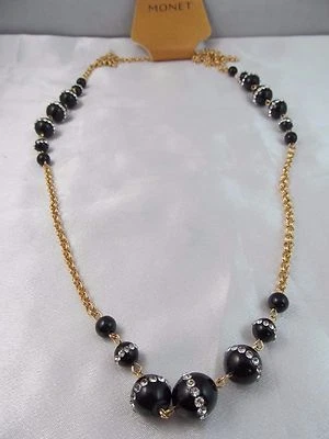 COLLAR LARGO NUEVO CON ETIQUETAS MONET ORO Y ÓNIX CRISTAL NEGRO Y TRANSPARENTE, Impresionante, CLÁSICO Foto 1 de 4