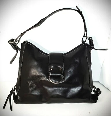 Vintage Black Leather Hobo Bag Silver O-Ring Buckle Shoulder Strap Collectible - Image 1 of 4