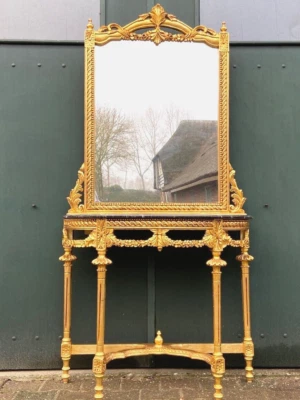 Console with Mirror Set - French Louis XVI Giltwood Entry Table & Beveled Mirror - Image 1 of 4