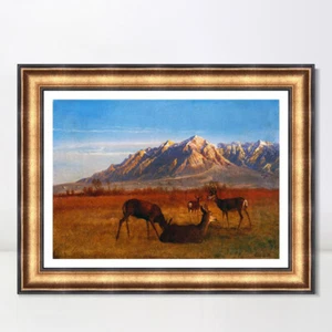 Gerahmtes Leinwandbild Giclée-Druck Hirsch nippt im Sonnenuntergang von Albert Bierstadt - Bild 1 von 16