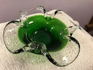 Murano Italy curvy wave edge bowl clear to green bubbles in clear glass MAX5629 - Picture 1 of 10