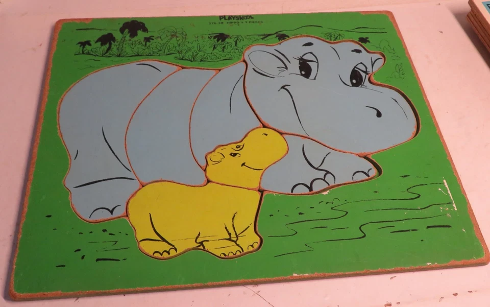 Rompecabezas de hipopótamos PLAYSKOOL de madera vintage #275-38 bandeja de madera verde y azul de 7 piezas Foto 1 de 4