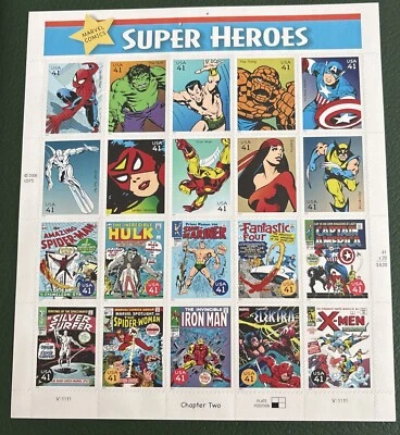Hoja de veinte estampillas de 41 centavos de superhéroes de Marvel Comics USPS Avengers Hulk nuevas Foto 1 de 4