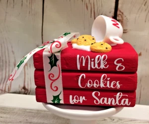 Cute Christmas MILK & COOKIES FOR SANTA Mini Wooden Book Stack Tiered Tray Decor - Picture 1 of 3