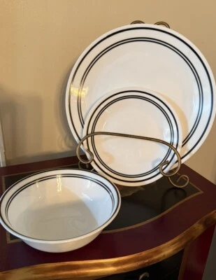 LOTE de 3 platos de almuerzo de cena a rayas negras Corelle Classic Café excelente Foto 1 de 4
