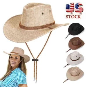Mens Women Bucket Cap Cowboy Fedora Hat Wide Brim Linen Mesh Summer Outdoor Hats - Picture 1 of 16