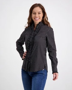 Outback Supply Co,Womens Black Ruffle Shirt with White Spots - Foto 1 di 7