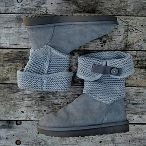 UGG Shaina Gray Suede Leather Knit Booties Short Women's Size 9 Uggs Foldover - Picture 1 of 7