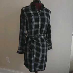 Abito Camicia UntuckIt Tessa Plaid Nero Bottoni Collo Avvolgente Manica Lunga Piccolo - Foto 1 di 10