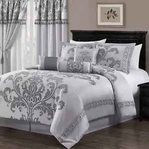 Chezmoi Collection 7-Piece Jacquard Floral Comforter Set (Queen, Silver/Gray) - Picture 1 of 9