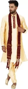 Indian Men's Gold Silk Kurta Scarf Pakistani Pyjama Kurta 3 Piece Set For Eid - Picture 1 of 9