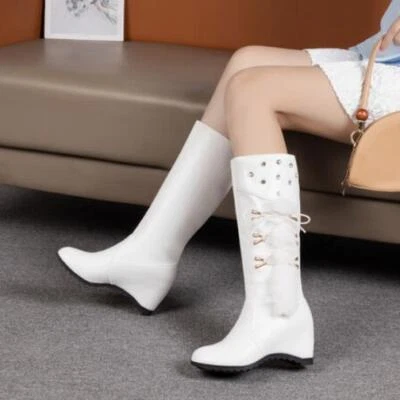 Botas para mujer con remaches estrás media pantorrilla zapatos de tacón de cuña con cordones decoración elegante  Foto 1 de 4