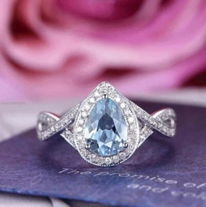 Engagement Band Gemstone Ring 14k Gold Aquamarine Moissanite Gemstone Jewelry - Picture 1 of 6