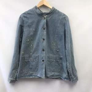 Denim And Co Womens Size L Jacket Floral Blue Embroidered Rhinestones - Picture 1 of 7
